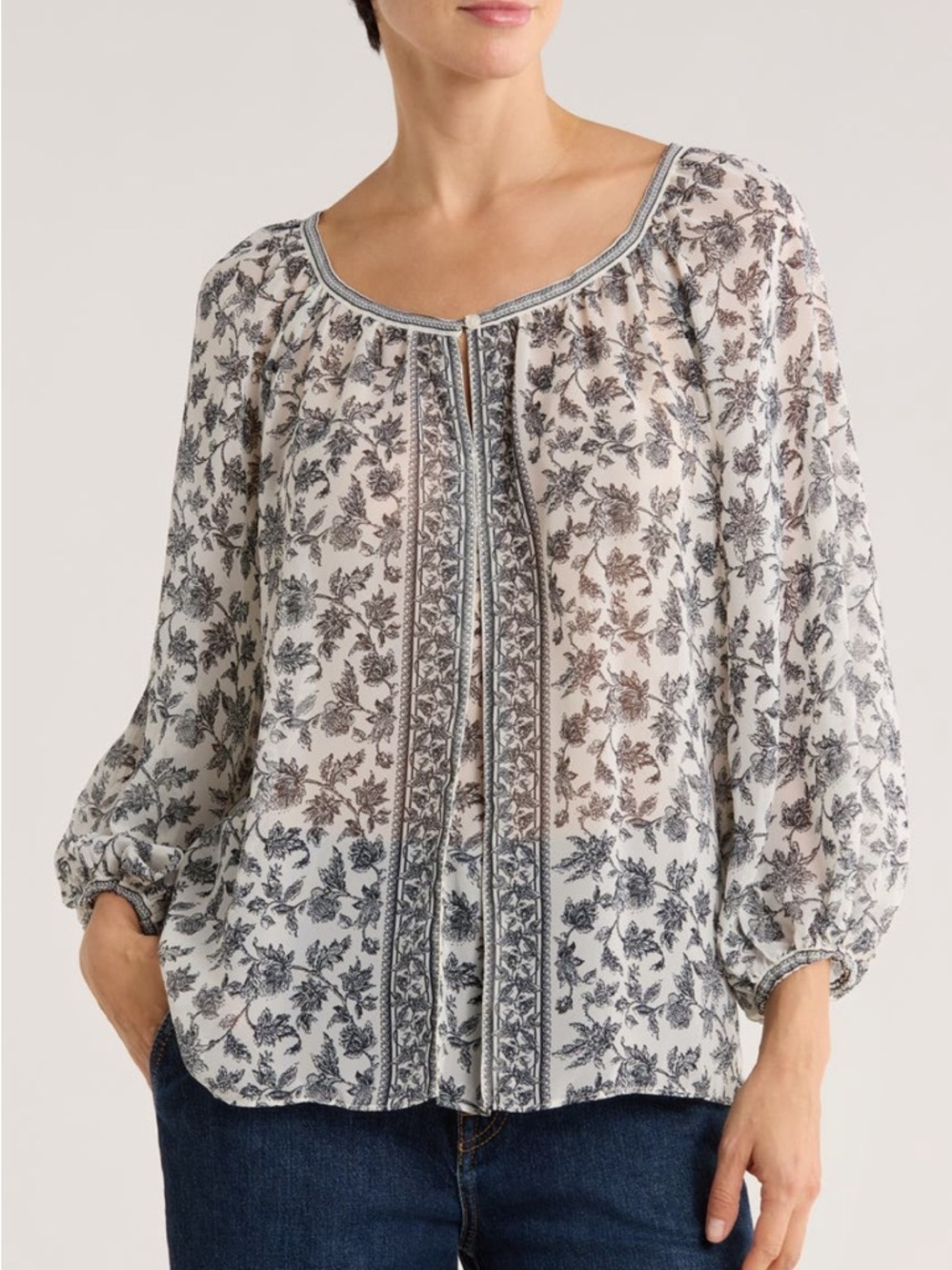 Max Studio Women's Floral Peasant Blouse - Cream/Gray Large